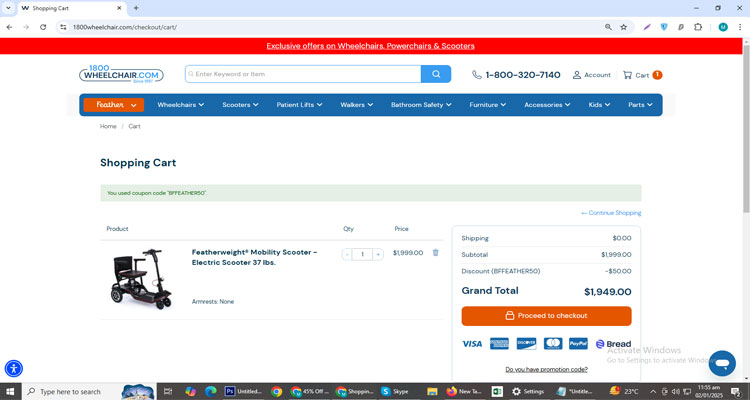 A screenshot of 1800wheelchair checkout page of working coupon code 