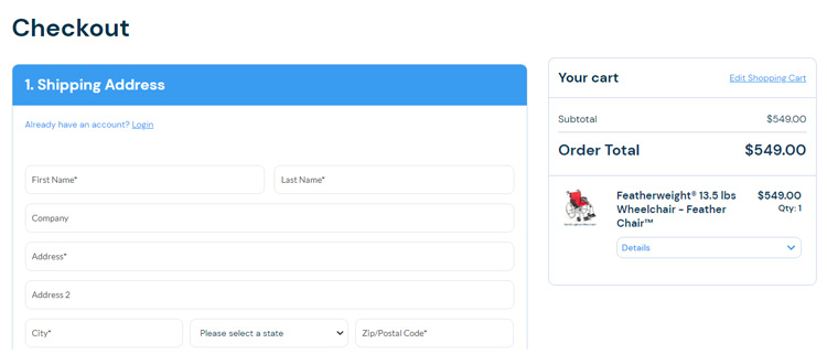 A screenshot of 1800wheelchair checkout page showing a working coupon code 