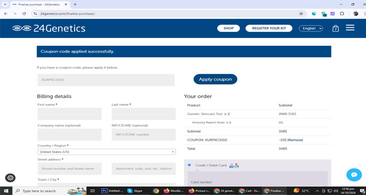 A screenshot of 24 genetics checkout page of working coupon code