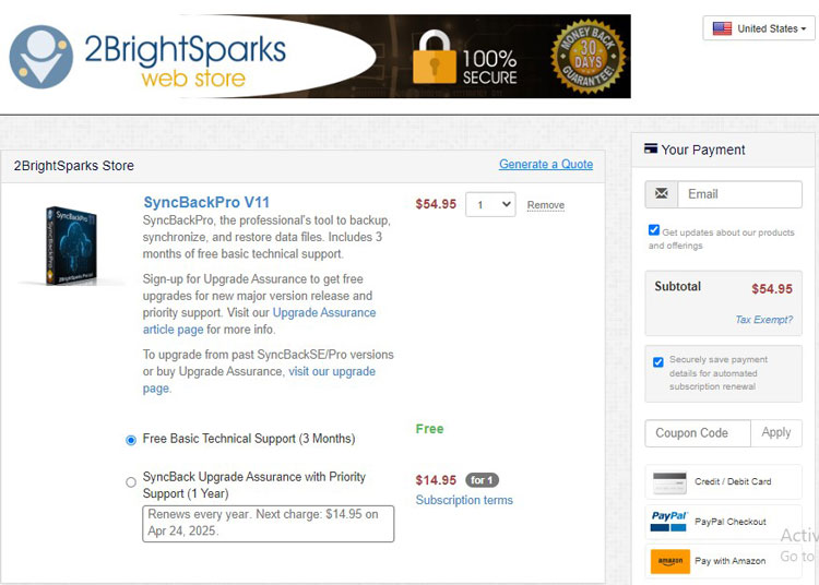 A screenshot of 2brightsparks's checkout page showing a working coupon code