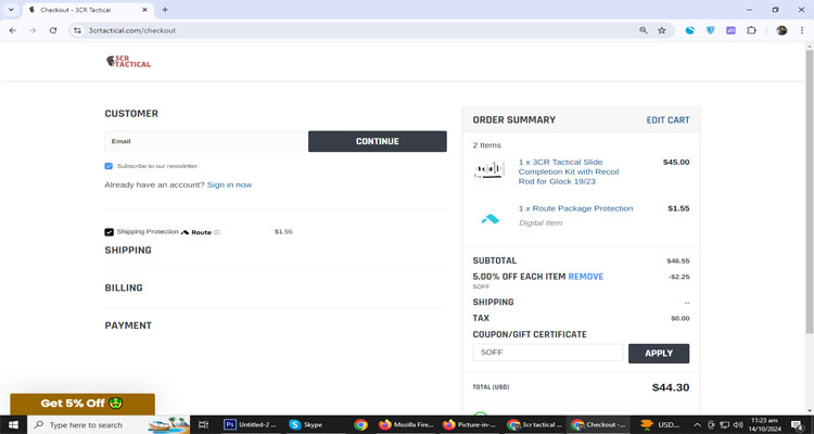 A screenshot of 3cr Tactical checkout page of working coupon code 