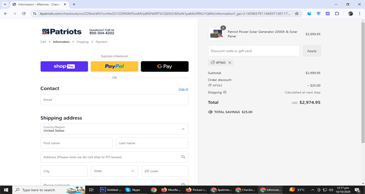 A screenshot of 4patriots checkout page of working coupon code