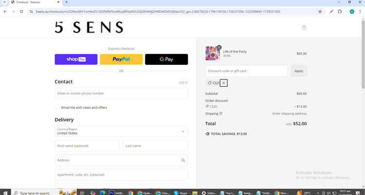 A screenshot of 5 Sens Inc checkout page of working coupon code 