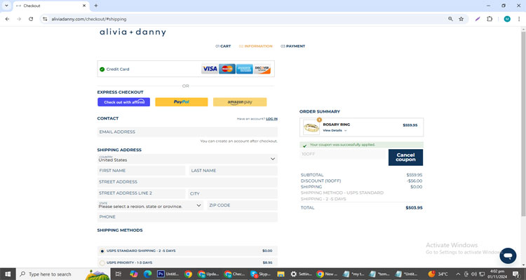 A screenshot of Alivia + Danny checkout page of working coupon code 