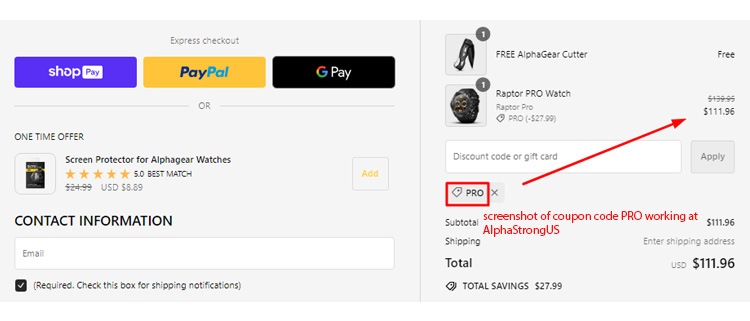 A screenshot of AlphaStrongUS checkout page showing a working coupon code