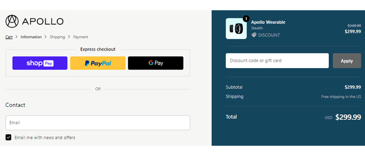 A screenshot of Apollo Neuroscience checkout page showing a working coupon code