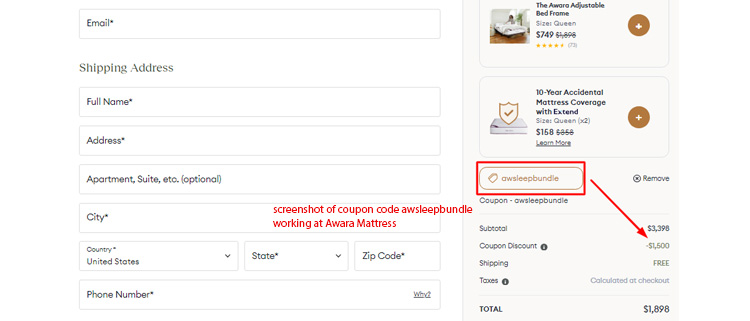 A screenshot of Awara-Mattress checkout page showing a working coupon code