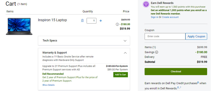 A screenshot of Dell checkout page showing a working coupon code