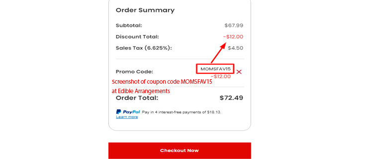 A screenshot of Edible Arrangements checkout page showing a working coupon code 