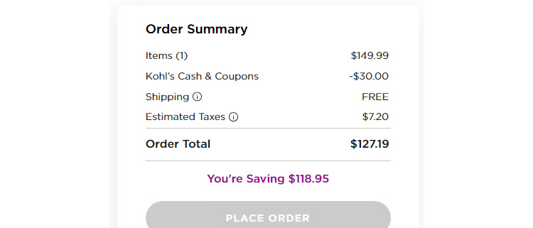 A screenshot of Kohl's checkout page showing a working coupon code