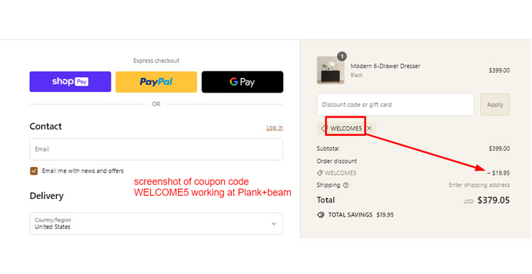 A screenshot of Plank+beam checkout page with a working coupon code