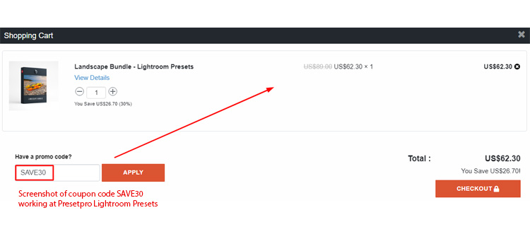 A screenshot of Presetpro Lightroom Presets checkout page showing a working coupon code