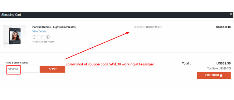 A screenshot of Presetpro checkout page showing a working coupon code 