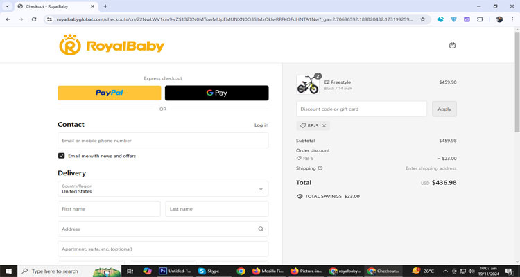 A screenshot of Royal baby checkout page of working coupon code 