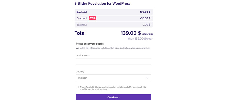 A screenshot of Slider Revolution checkout page showing a working coupon code