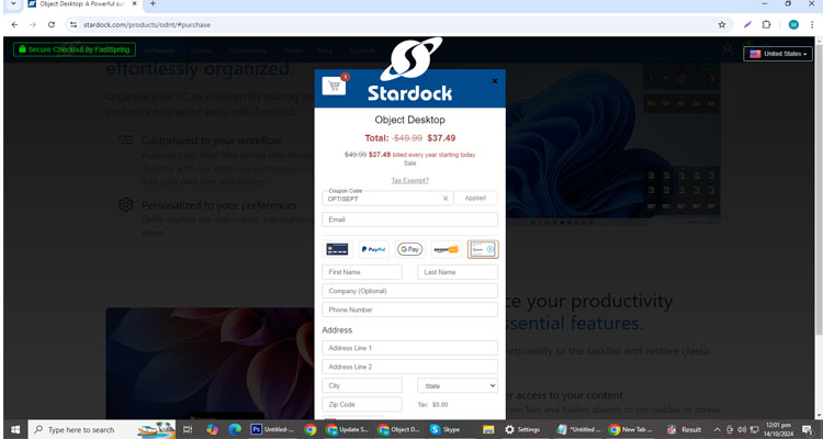 A screenshot of Stardock checkout page of working coupon code