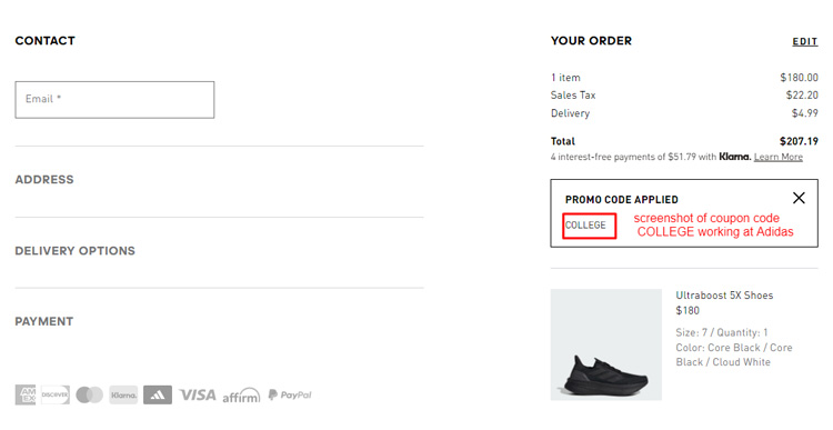 A screenshot of Adidas checkout page with a working coupon code