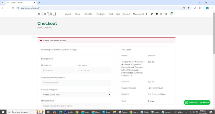 A screenshot of Akarali checkout page of working coupon code 