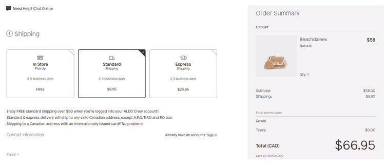 A screenshot of aldo checkout page showing a working coupon code