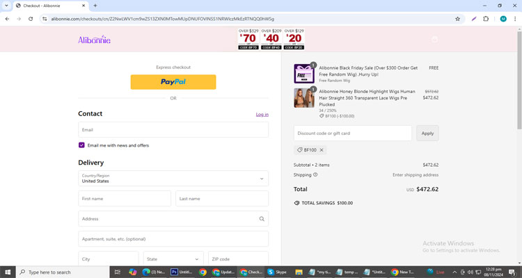 A screenshot of Alibonnie Hair checkout page of working coupon code 