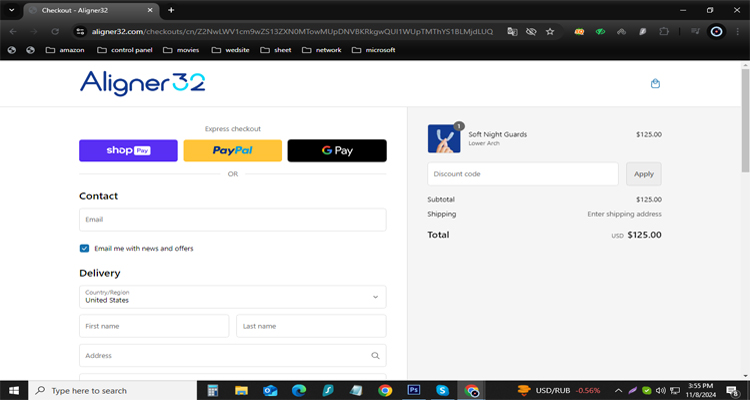 A screenshot of the Aligner32 checkout page with a working discount code