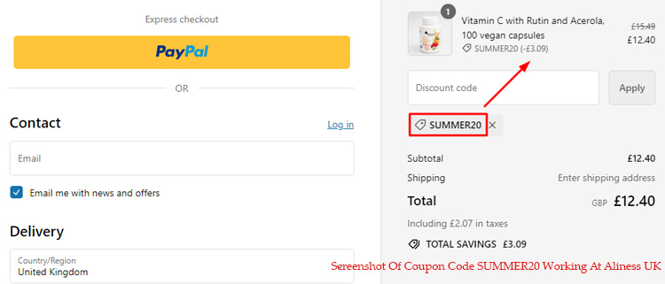 A screenshot of aliness uk checkout page showing a working coupon code