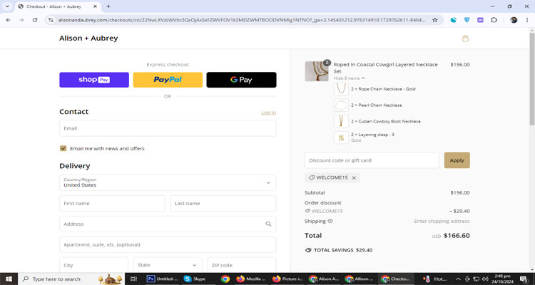 A screenshot of Alison And Aubrey checkout page of working coupon code 