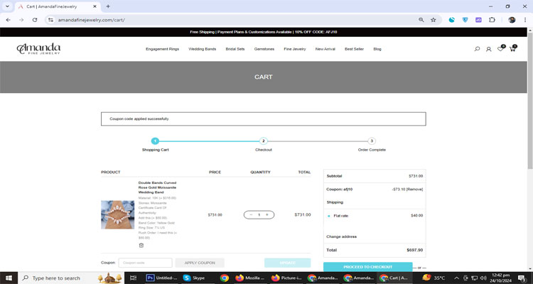 A screenshot of Amanda Fine Jewelry checkout page of working coupon code 