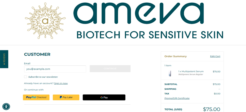 A screenshot of the ameva checkout page with a working discount code