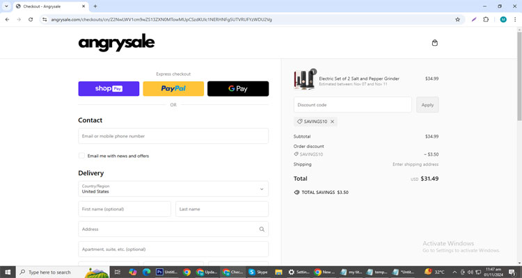 A screenshot of Angrysale checkout page of working coupon code 