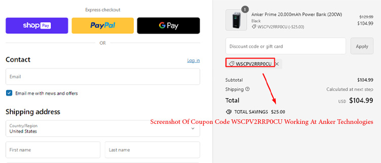 A screenshot of anker technologies checkout page showing a working coupon code