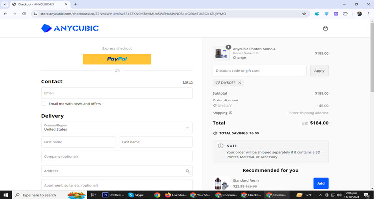 A screenshot of Anycubic checkout page of working coupon code 