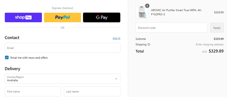 A screenshot of arovec au's checkout page showing a working coupon code