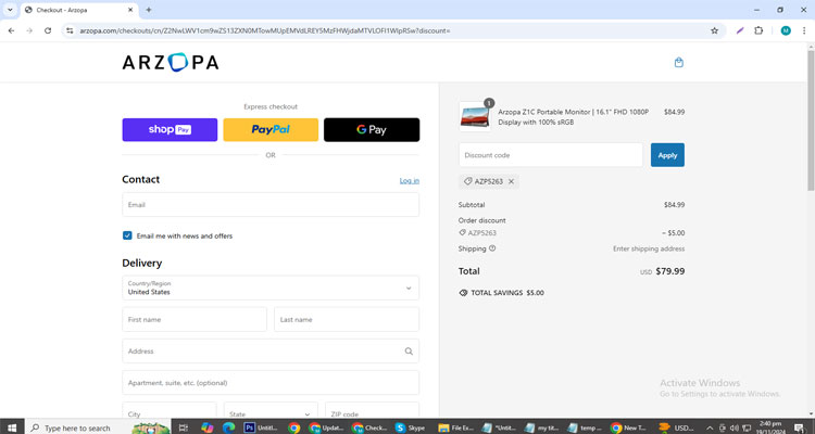 A screenshot of Arzopa checkout page of working coupon code 