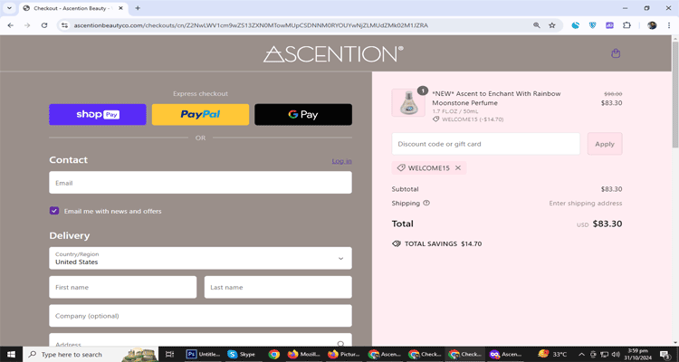 A screenshot of Ascention Beauty checkout page of working coupon code 