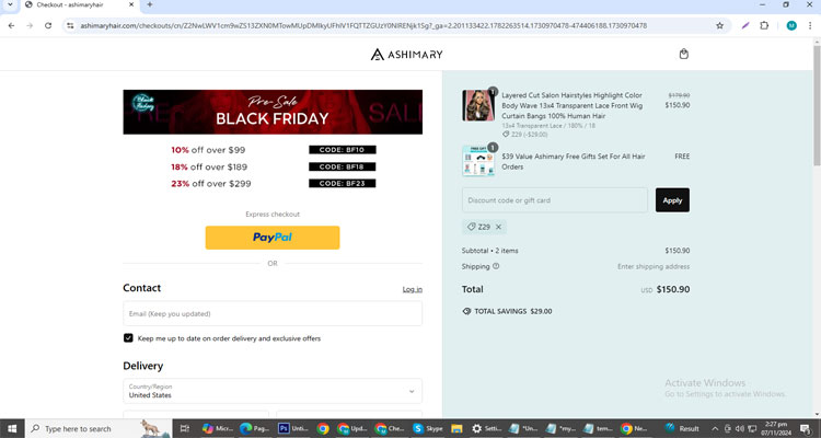 A screenshot of Ashimary Hair checkout page of working coupon code 