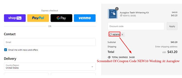 A screenshot of auraglow checkout page showing a working coupon code
