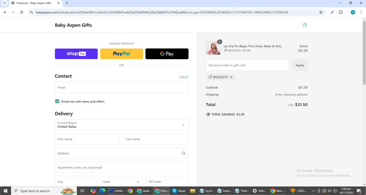 A screenshot of Baby Aspen checkout page of working coupon code 