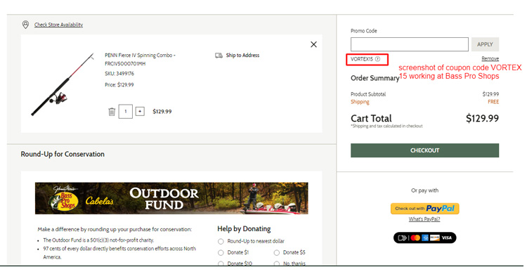 A screenshot of Bass Pro Shops checkout page with a working coupon code