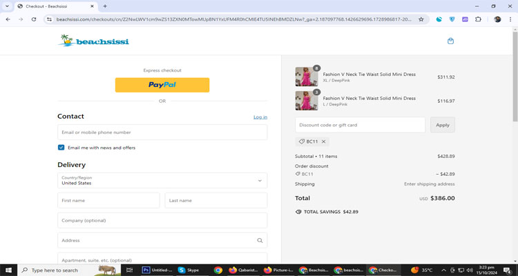 A screenshot of  beachsissi checkout page of working coupon code