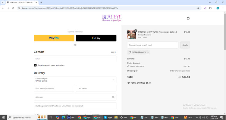  A screenshot of Beaueye checkout page of working coupon code 