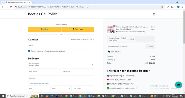 A screenshot of Beetles Gel Polish checkout page of working coupon code 
