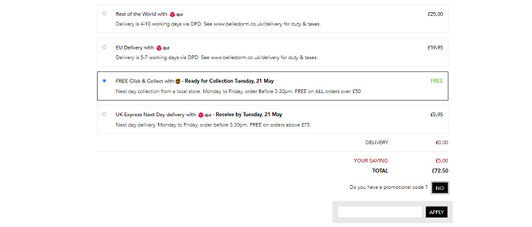 A screenshot of belledorm uk checkout page showing a working coupon code 