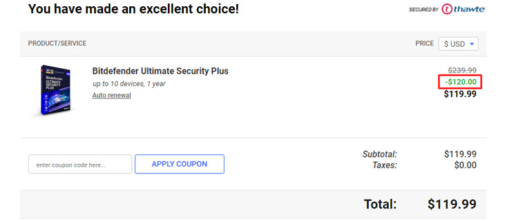 A screenshot of bitdefender's checkout page showing a working coupon code