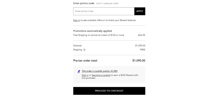 A screenshot of bloomingdales checkout page showing a working coupon code