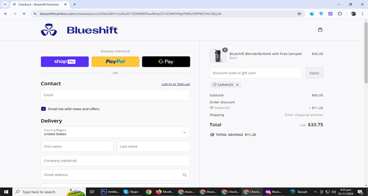 A screenshot of Blueshift nutrition checkout page of working coupon code 