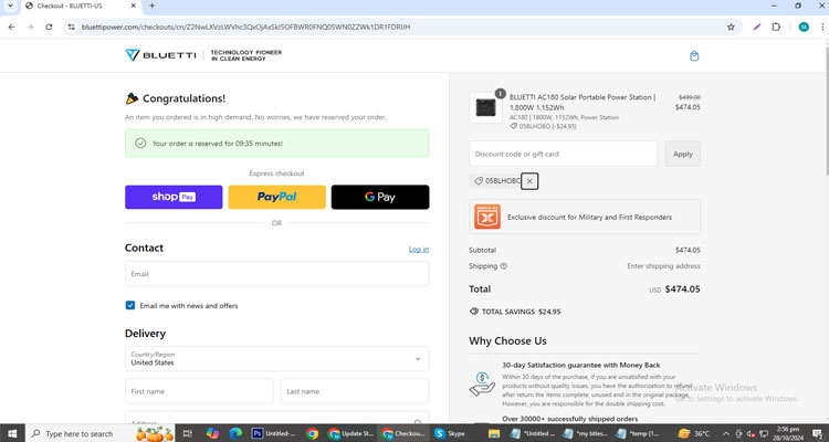 A screenshot of Bluetti checkout page of working coupon code 
