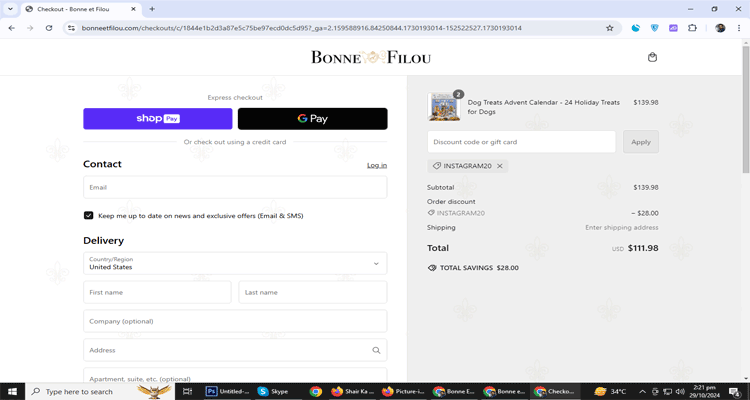 A screenshot of Bonne Et Filou checkout page of working coupon code 