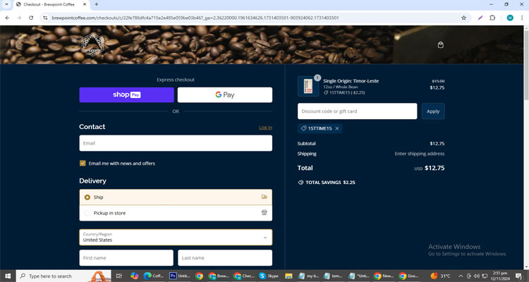 A screenshot of Brewpoint Coffee checkout page of working coupon code 