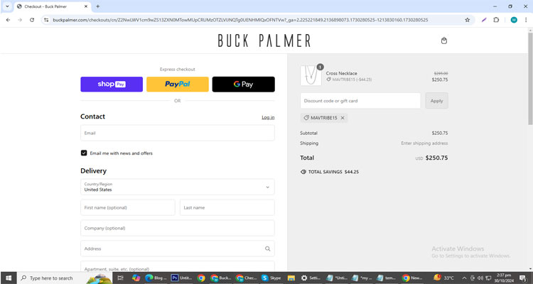 A screenshot of Buck Palmer checkout page of working coupon code 